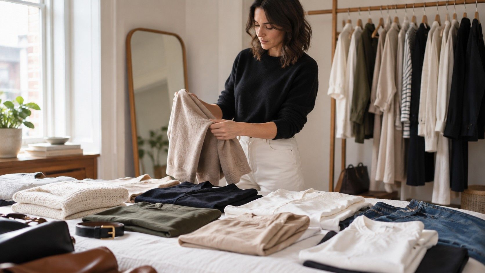 Capsule wardrobe colour palette with coordinated clothes