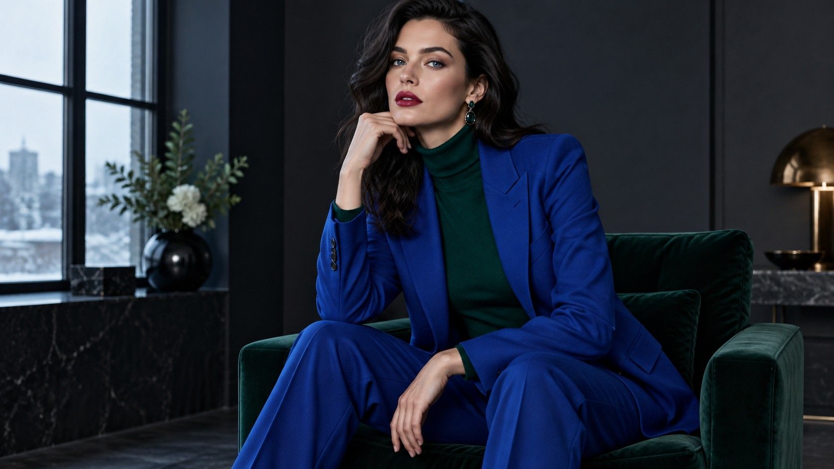 Deep jewel-tone clothes arranged in a winter palette
