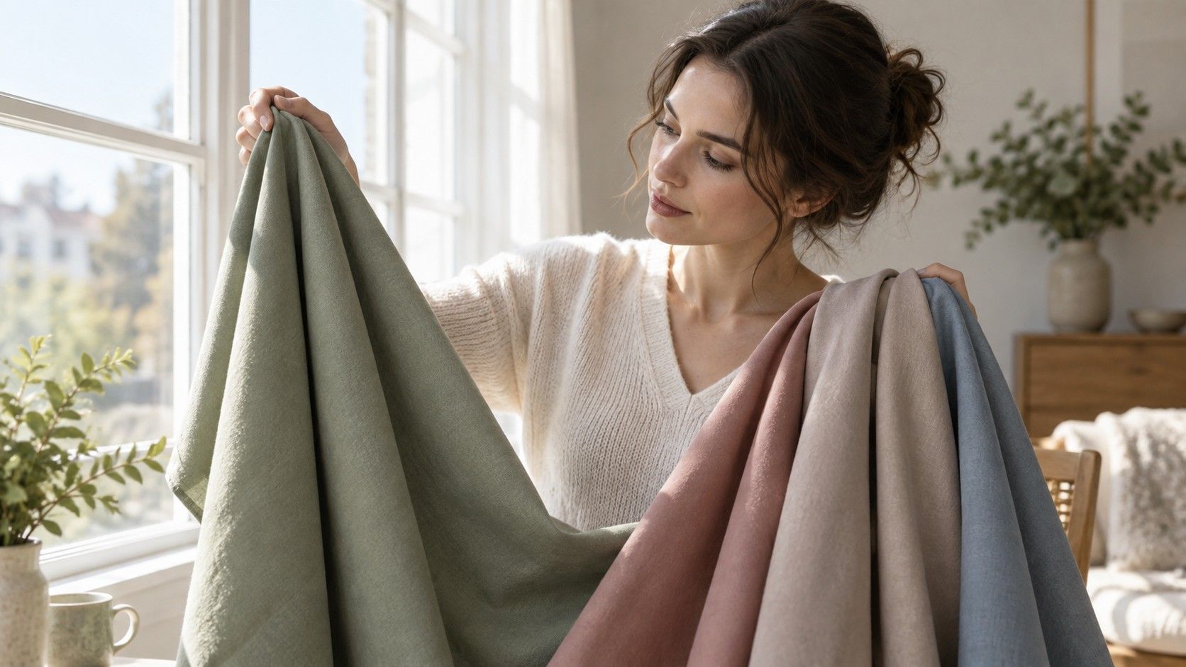 Woman comparing fabric swatches to find a personal colour palette