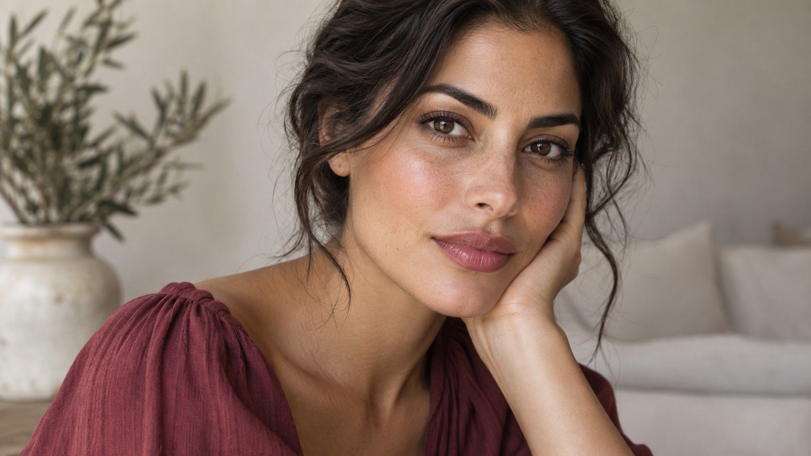 Woman comparing muted clothing colours near olive skin